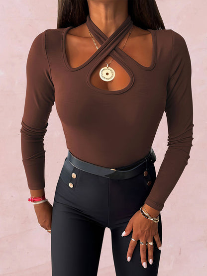 Crisscross Halter Neck Long Sleeve T-Shirt-Teresa&#39;s Fashionista LLC