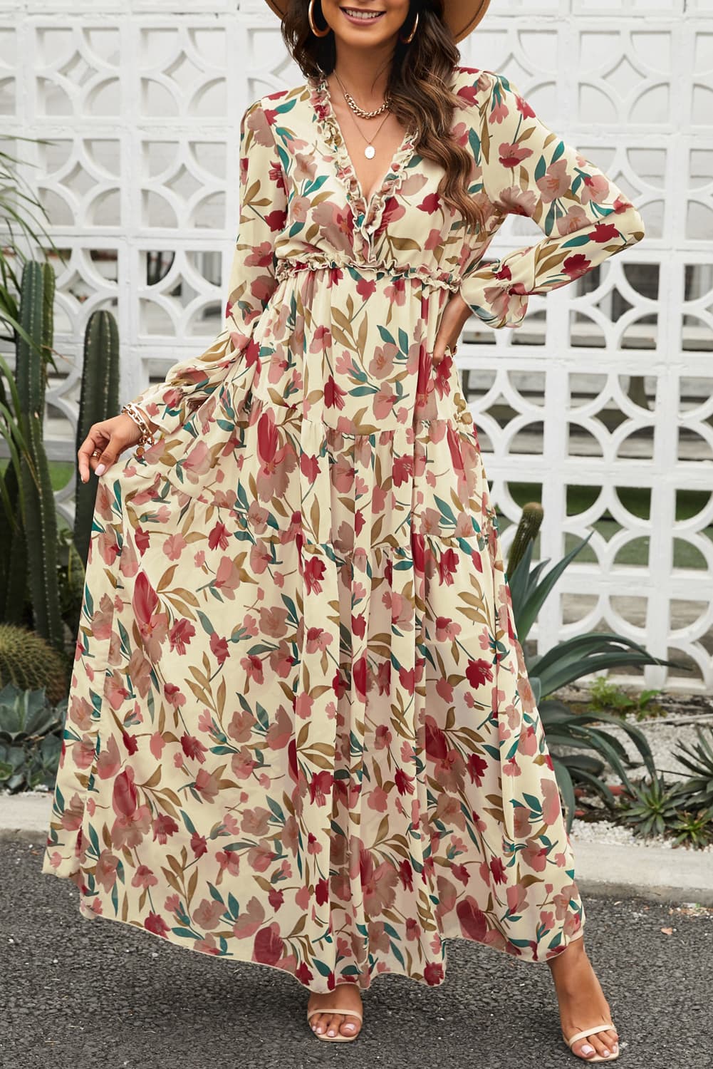 Floral Frill Trim Flounce Sleeve Plunge Maxi Dress-Teresa&#39;s Fashionista LLC