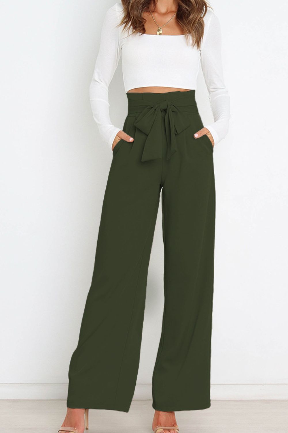 Tie Front Paperbag Wide Leg Pants-Teresa&#39;s Fashionista LLC