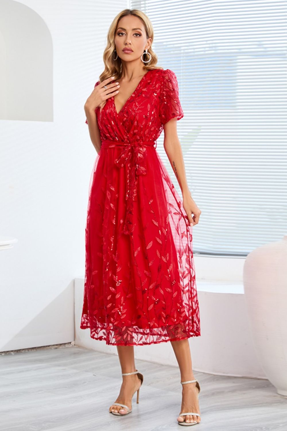 Sequin Leaf Embroidery Tie Front Short Sleeve Dress-Teresa&#39;s Fashionista LLC