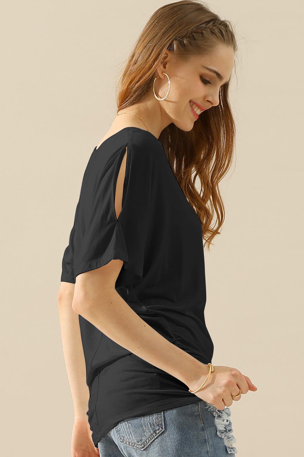 Ninexis Boat Neck Short Sleeve Ruched Side Top-Teresa&#39;s Fashionista LLC