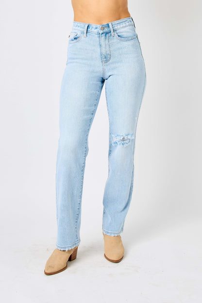 Judy Blue Full Size High Waist Distressed Straight Jeans-Teresa&#39;s Fashionista LLC