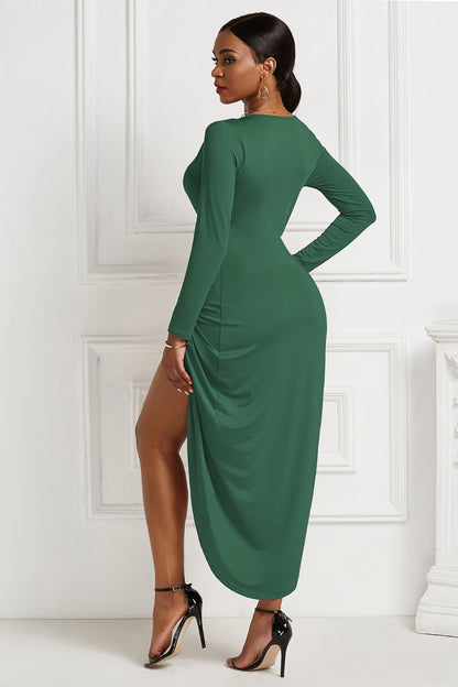 High-low Ruched Surplice Long Sleeve Dress-Teresa&#39;s Fashionista LLC