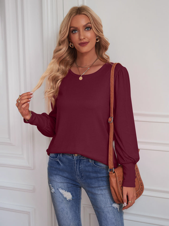 Round Neck Lantern Sleeve Blouse-Teresa&#39;s Fashionista LLC