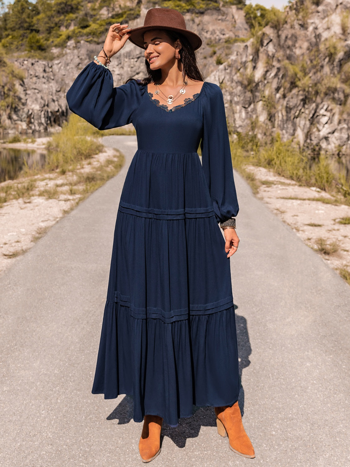 Long Sleeve Lace Trim Maxi Dress-Teresa&#39;s Fashionista LLC