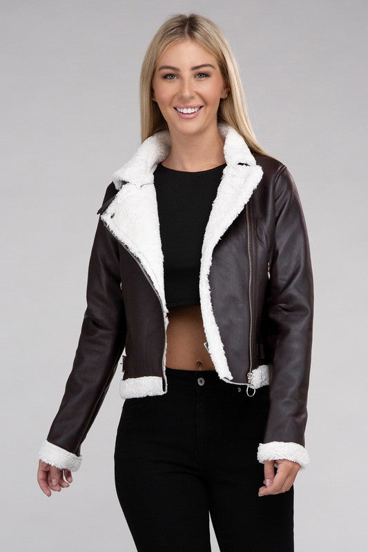 Plush Teddy Trimmed PU Jacket-Teresa&#39;s Fashionista LLC