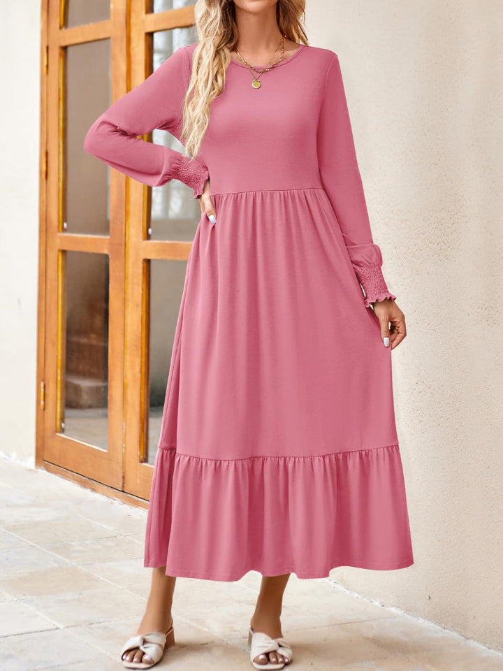 Round Neck Lantern Sleeve Ruffle Hem Dress-Teresa&#39;s Fashionista LLC