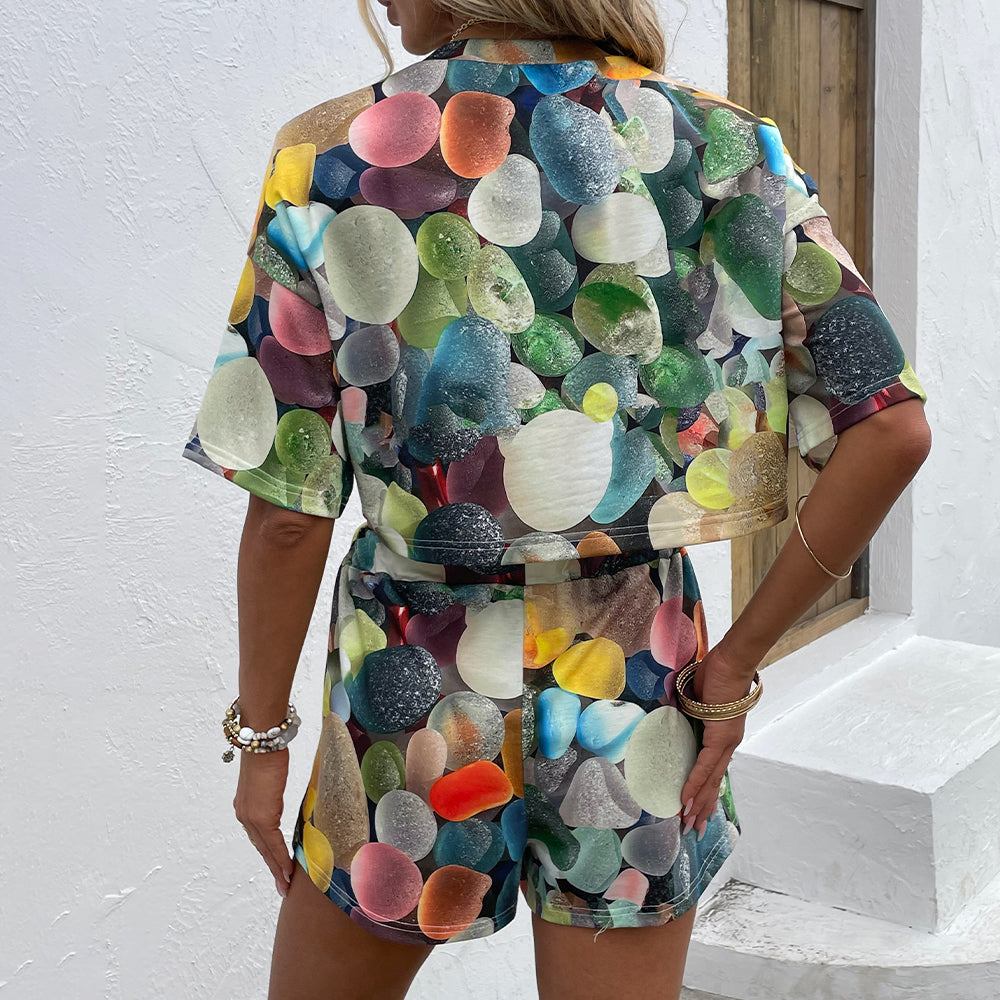 Printed Round Neck Dropped Shoulder Half Sleeve Top and Shorts Set-Teresa&#39;s Fashionista LLC