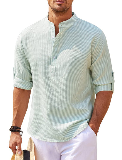 Men's Casual Shirt Long Sleeve Stand Collar Solid Color Shirt Mens Clothing-Teresa&#39;s Fashionista LLC