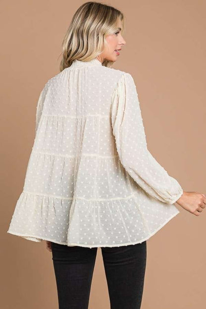 Culture Code Full Size Swiss Dot Smocked Mock Neck Blouse-Teresa&#39;s Fashionista LLC