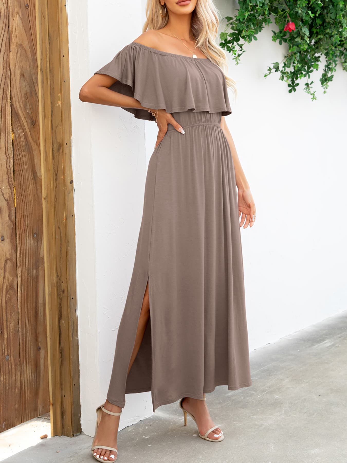 Off-Shoulder Slit Maxi Dress-Teresa&#39;s Fashionista LLC