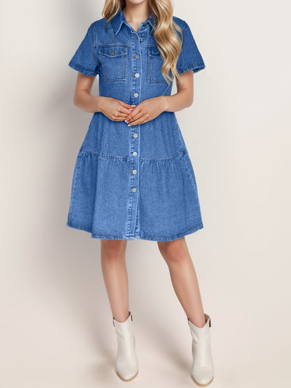 Button Up Short Sleeve Denim Dress-Teresa&#39;s Fashionista LLC