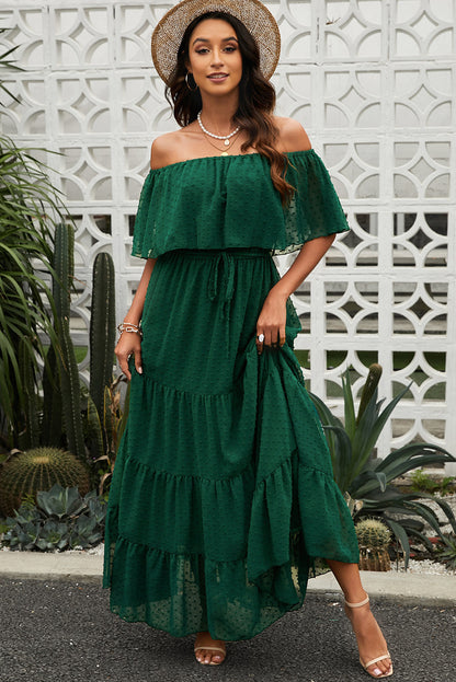 Swiss Dot Off-Shoulder Tiered Maxi Dress-Teresa&#39;s Fashionista LLC