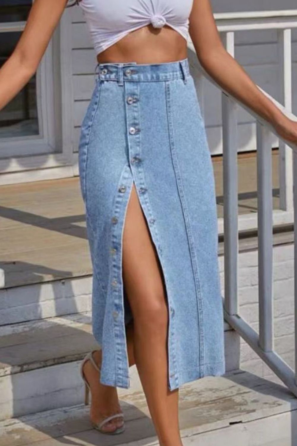 Buttoned Split Denim Skirt-Teresa&#39;s Fashionista LLC