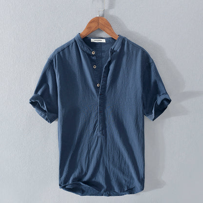 Men's Stand Collar Japanese Ice Silk Linen Short Sleeve T-shirt-Teresa&#39;s Fashionista LLC