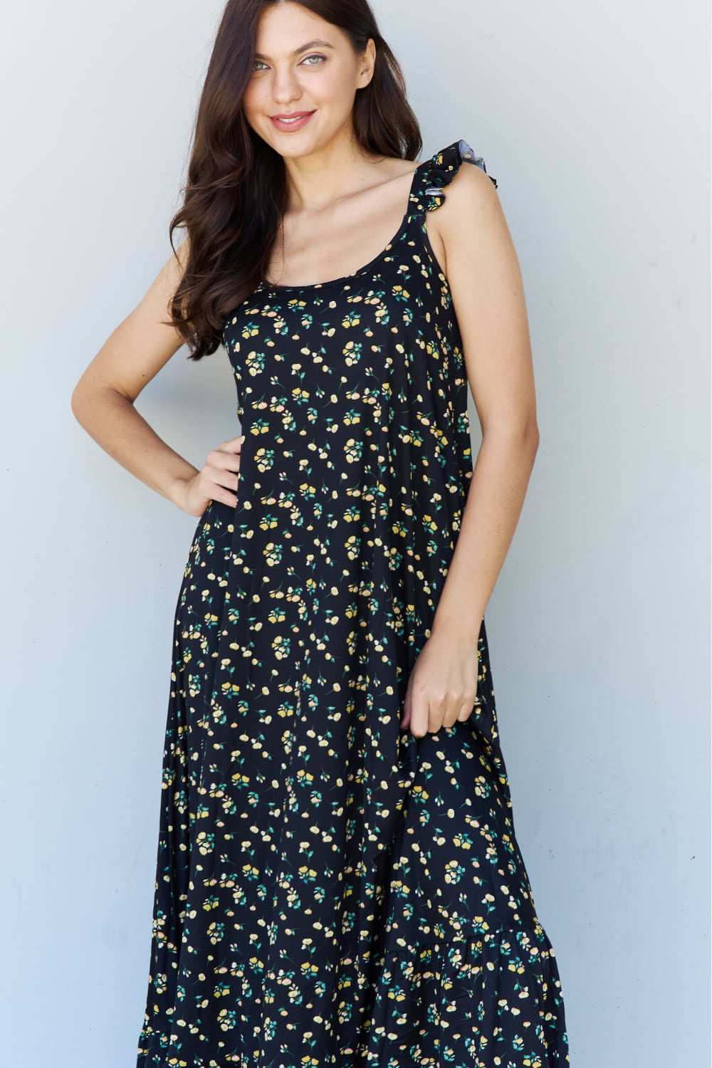 Doublju In The Garden Ruffle Floral Maxi Dress in Black Yellow Floral-Teresa&#39;s Fashionista LLC