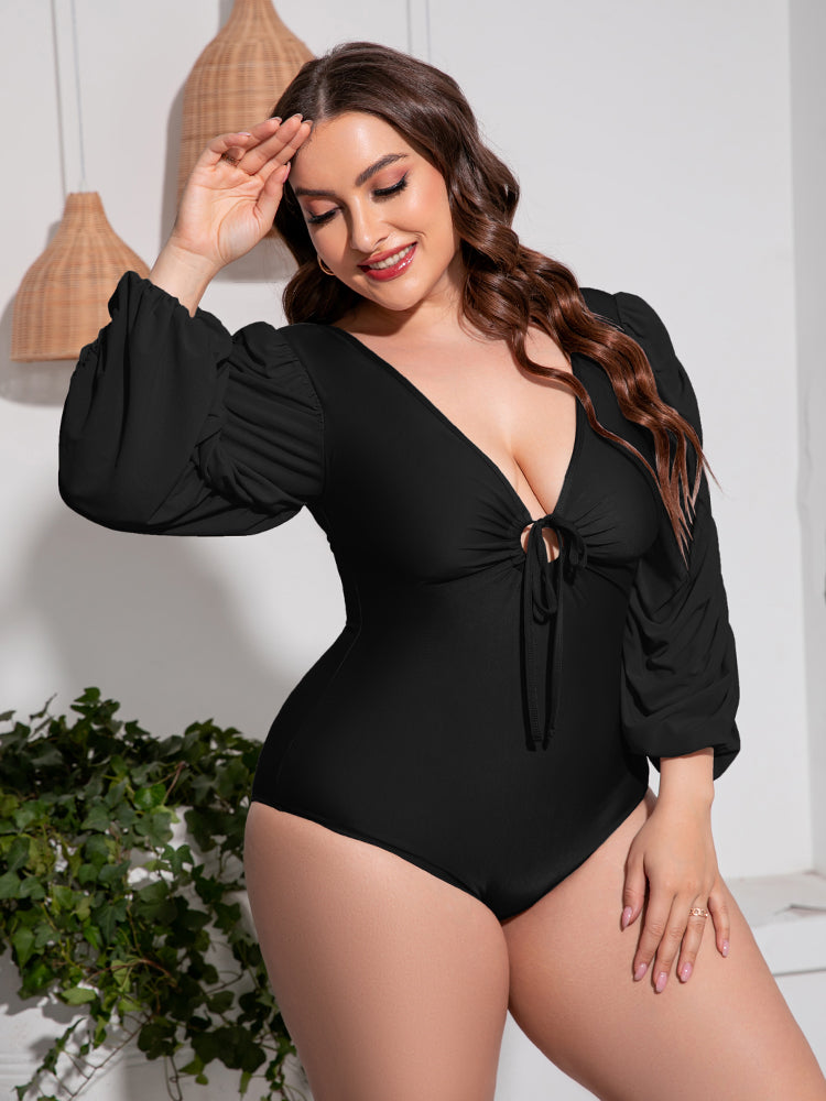 Plus Size Tied Deep V Balloon Sleeve One-Piece Swimsuit-Teresa&#39;s Fashionista LLC