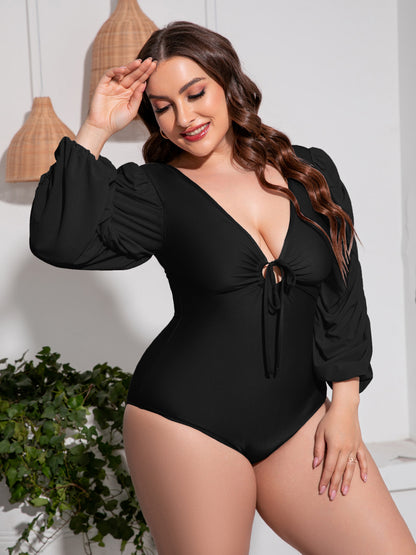 Plus Size Tied Deep V Balloon Sleeve One-Piece Swimsuit-Teresa&#39;s Fashionista LLC