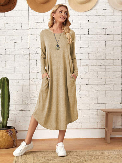 Pocketed Round Neck Long Sleeve Tee Dress-Teresa&#39;s Fashionista LLC