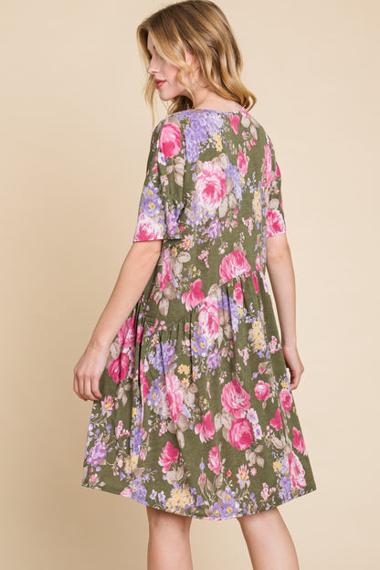 BOMBOM Flower Print V-Neck Ruched Dress-Teresa&#39;s Fashionista LLC