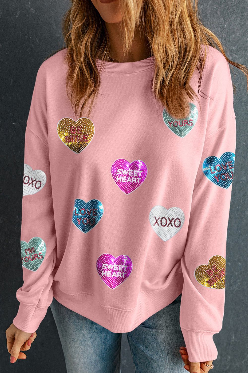 Valentine’s Day Sequin Heart Round Neck Long Sleeve Sweatshirt