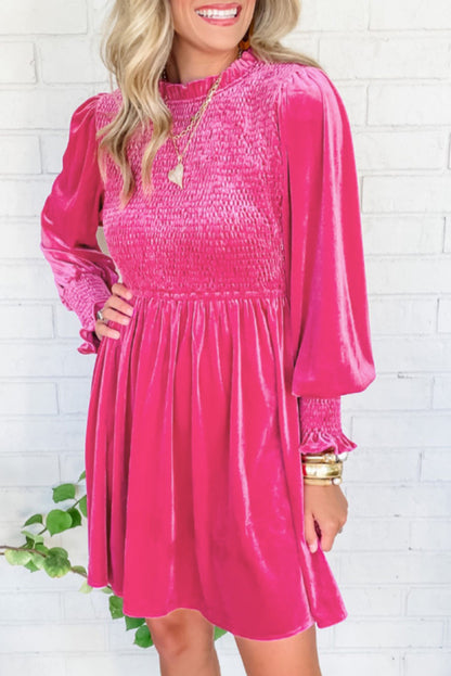 Rose Frilled Neck Smocked Bodice Velvet Dress-Teresa&#39;s Fashionista LLC