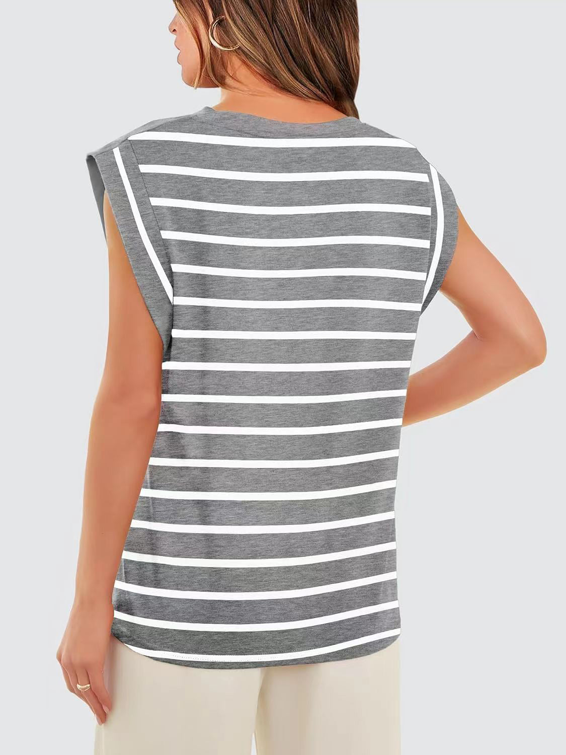 Striped Round Neck Cap Sleeve T-Shirt-Teresa&#39;s Fashionista LLC