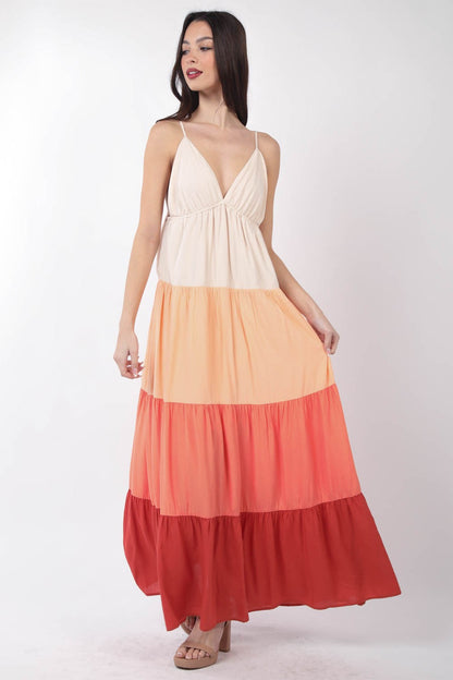 VERY J Color Block Tiered Maxi Cami Dress-Teresa&#39;s Fashionista LLC