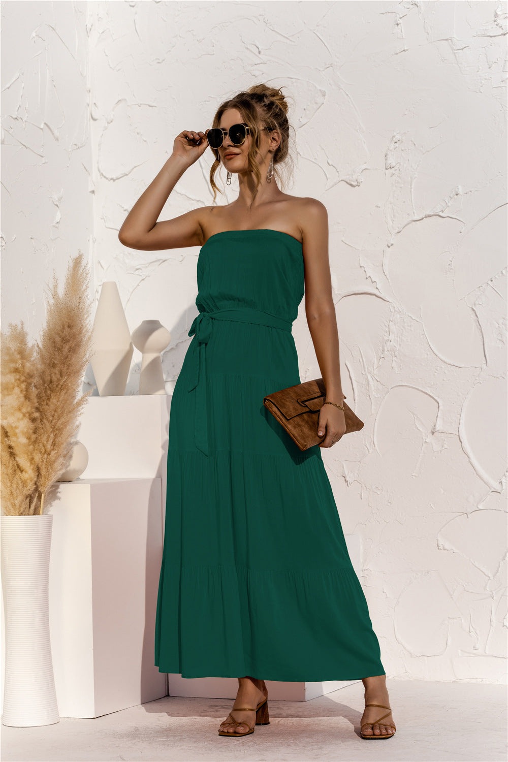 Strapless Tie Waist Tiered Maxi Dress-Teresa&#39;s Fashionista LLC