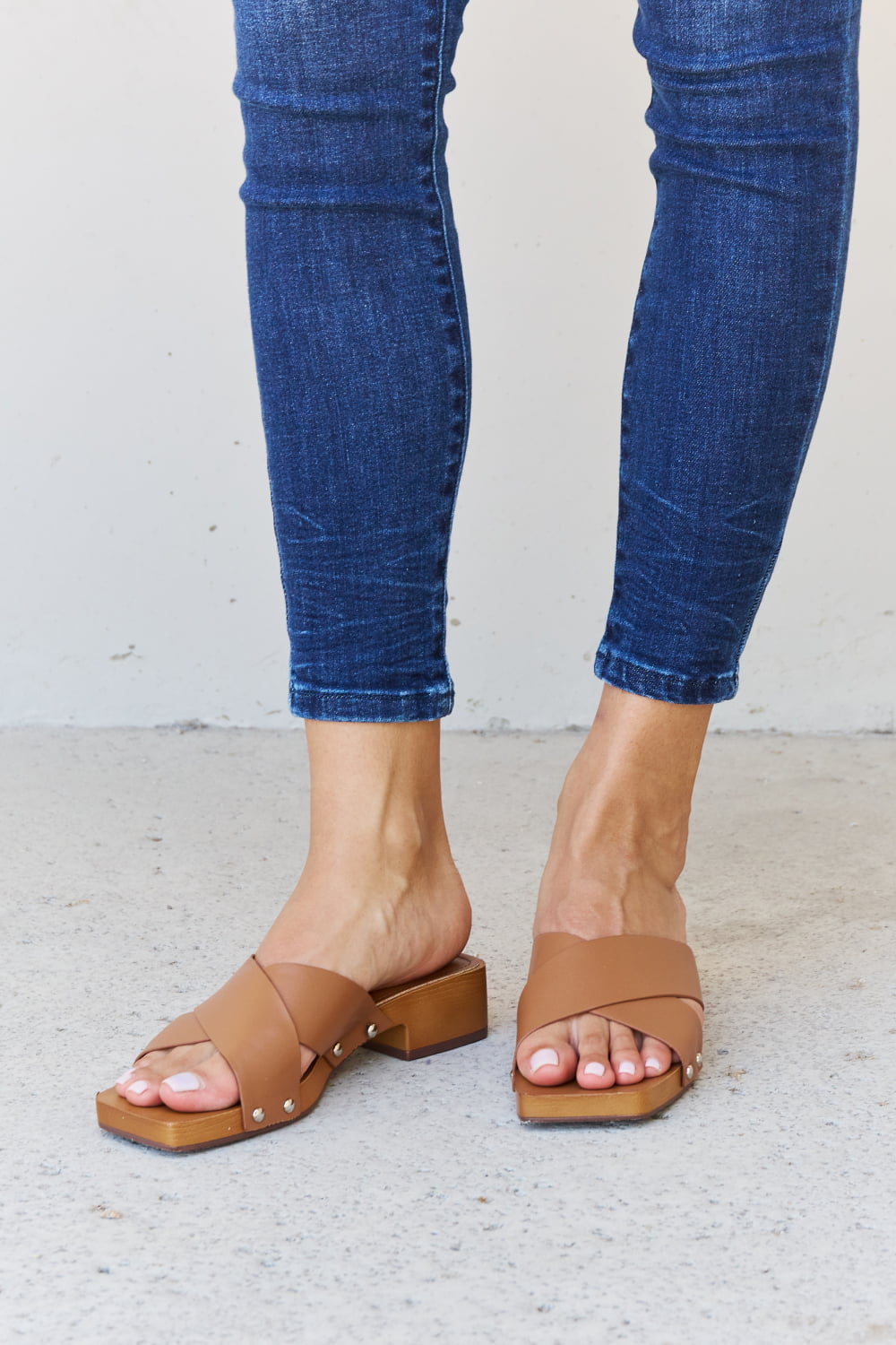 Weeboo Step Into Summer Criss Cross Wooden Clog Mule in Brown-Teresa&#39;s Fashionista LLC