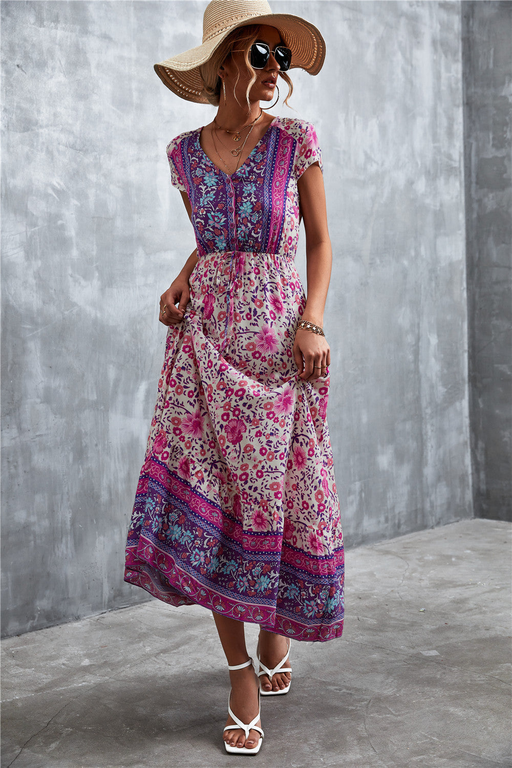 V-Neck Short Sleeve Printed Maxi Dress-Teresa&#39;s Fashionista LLC