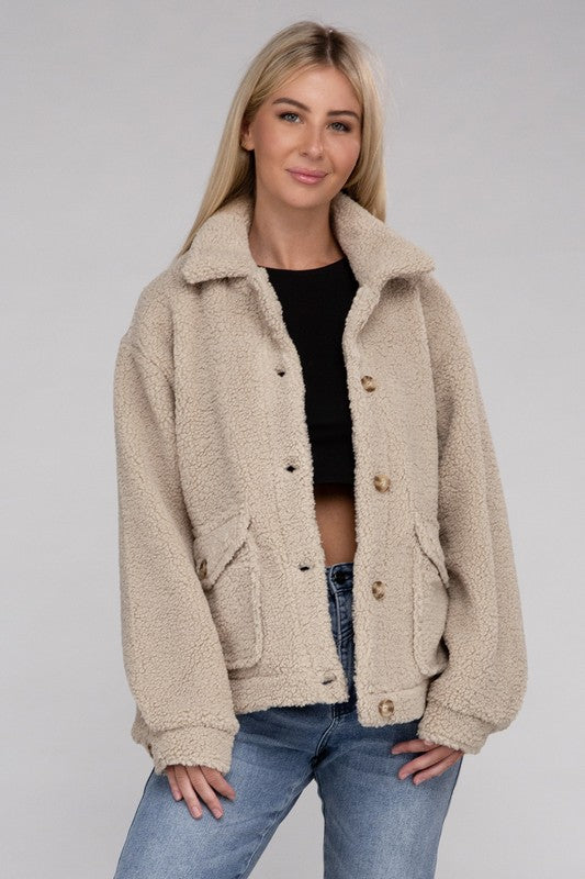 Cozy Sherpa Button-Front Jacket-Teresa&#39;s Fashionista LLC