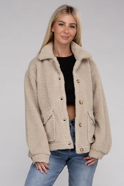 Cozy Sherpa Button-Front Jacket-Teresa&#39;s Fashionista LLC