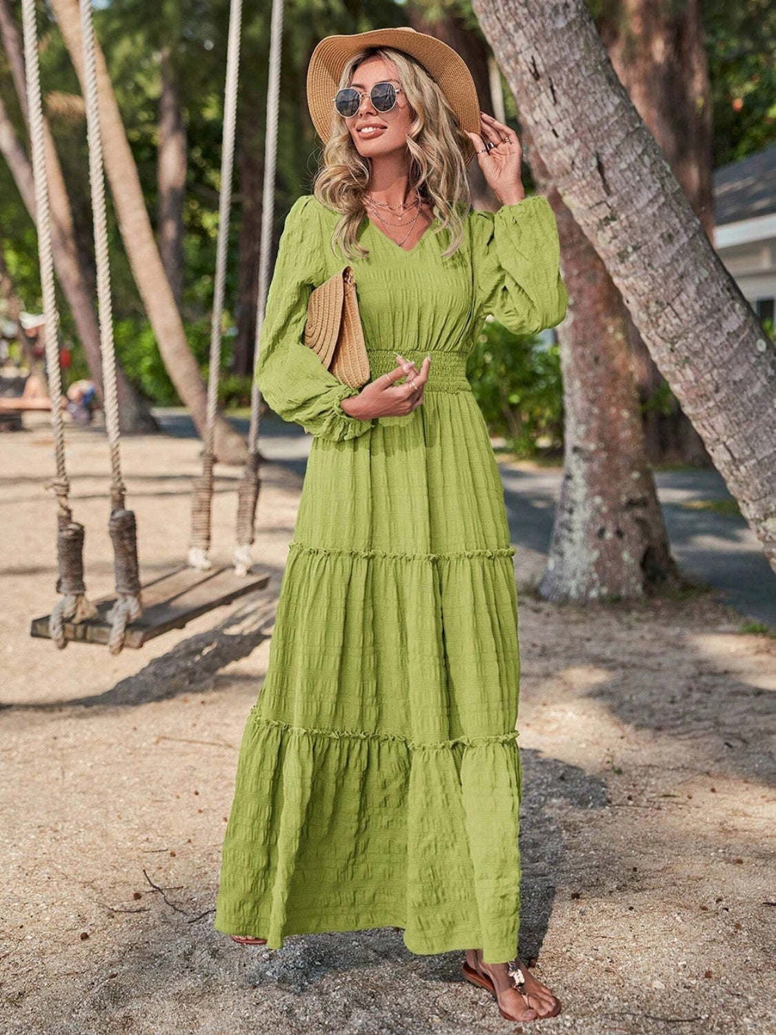 Smocked Waist V-Neck Maxi Dress-Teresa&#39;s Fashionista LLC