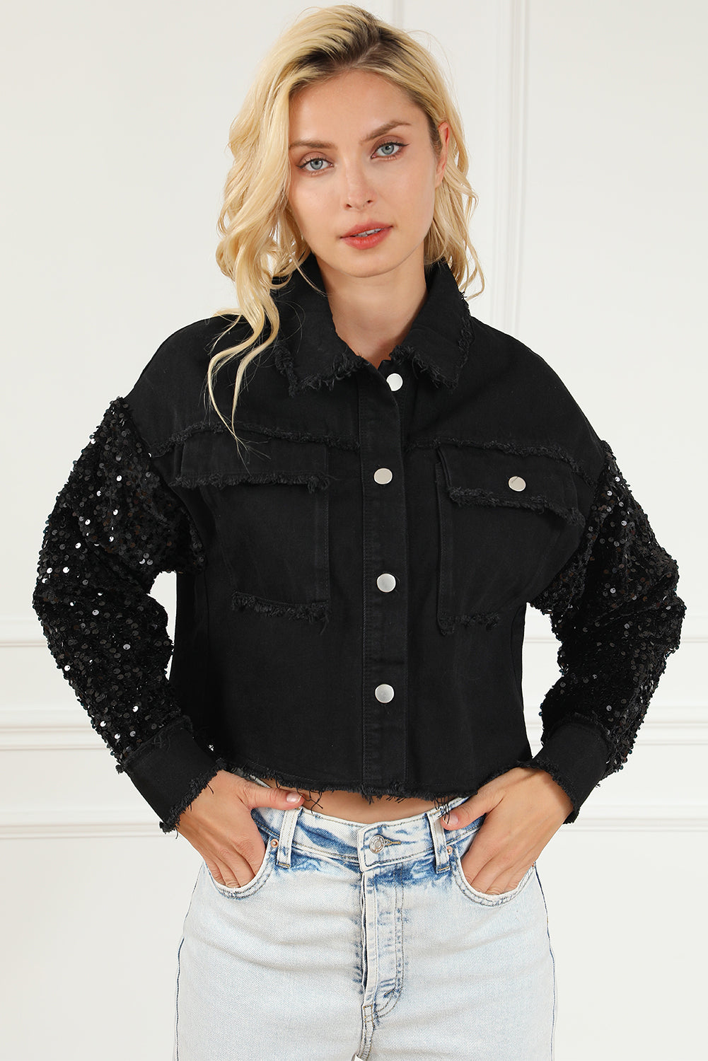 Sequin Button Up Raw Hem Denim Jacket-Teresa&#39;s Fashionista LLC