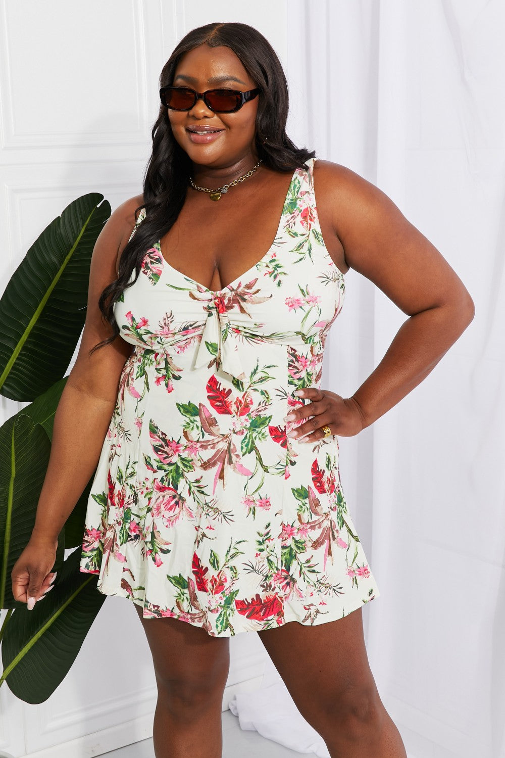 Marina West Swim Full Size Sail With Me V-Neck Swim Dress in Cream-Teresa&#39;s Fashionista LLC