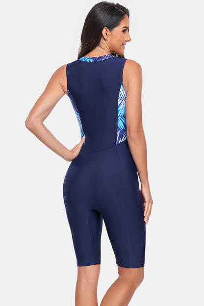 Printed Half Zip Sleeveless One Piece Swimwear-Teresa&#39;s Fashionista LLC