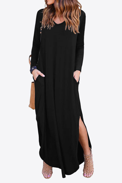 Split Long Sleeve V-Neck Maxi Dress-Teresa&#39;s Fashionista LLC