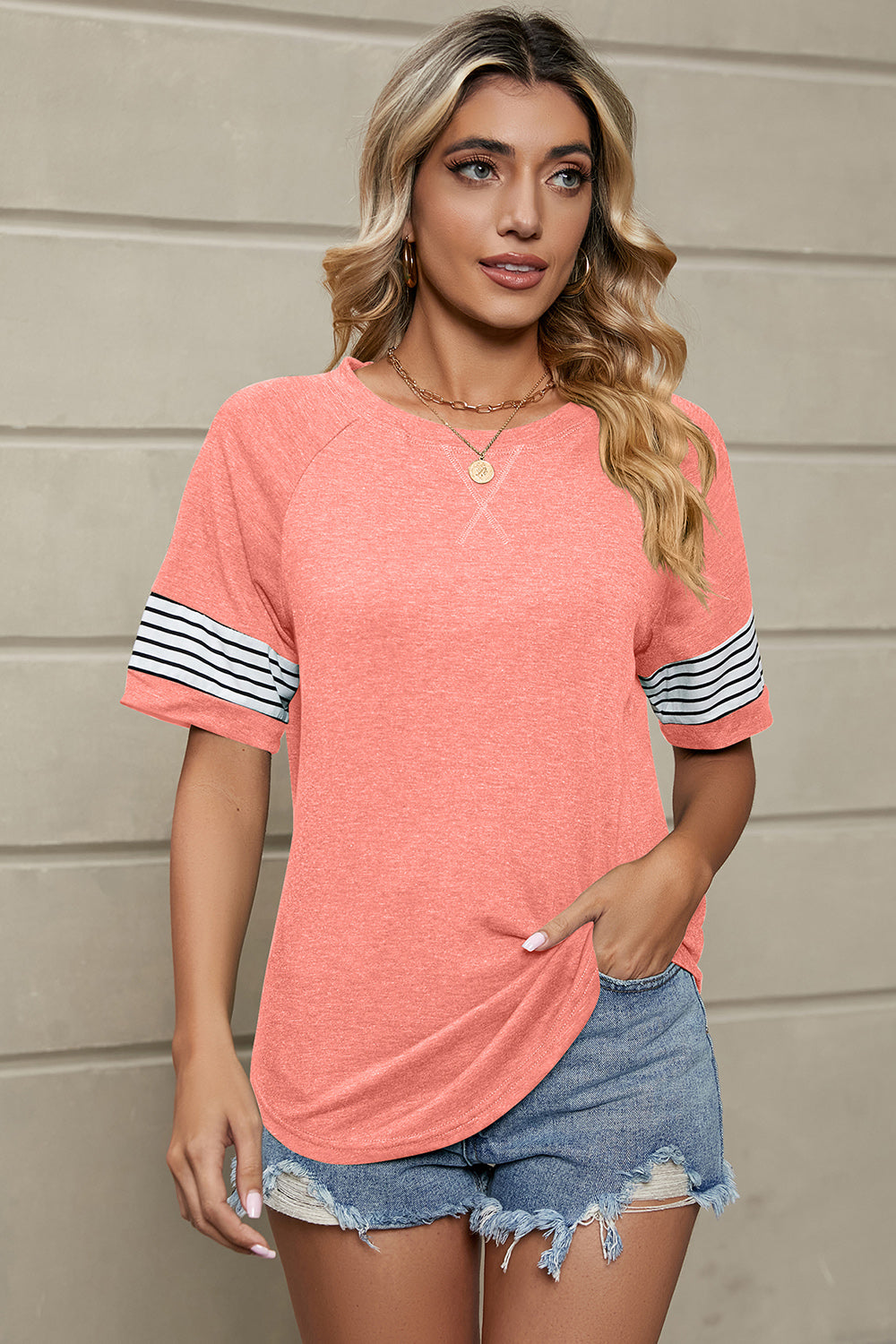 Striped Round Neck Short Sleeve T-Shirt-Teresa&#39;s Fashionista LLC