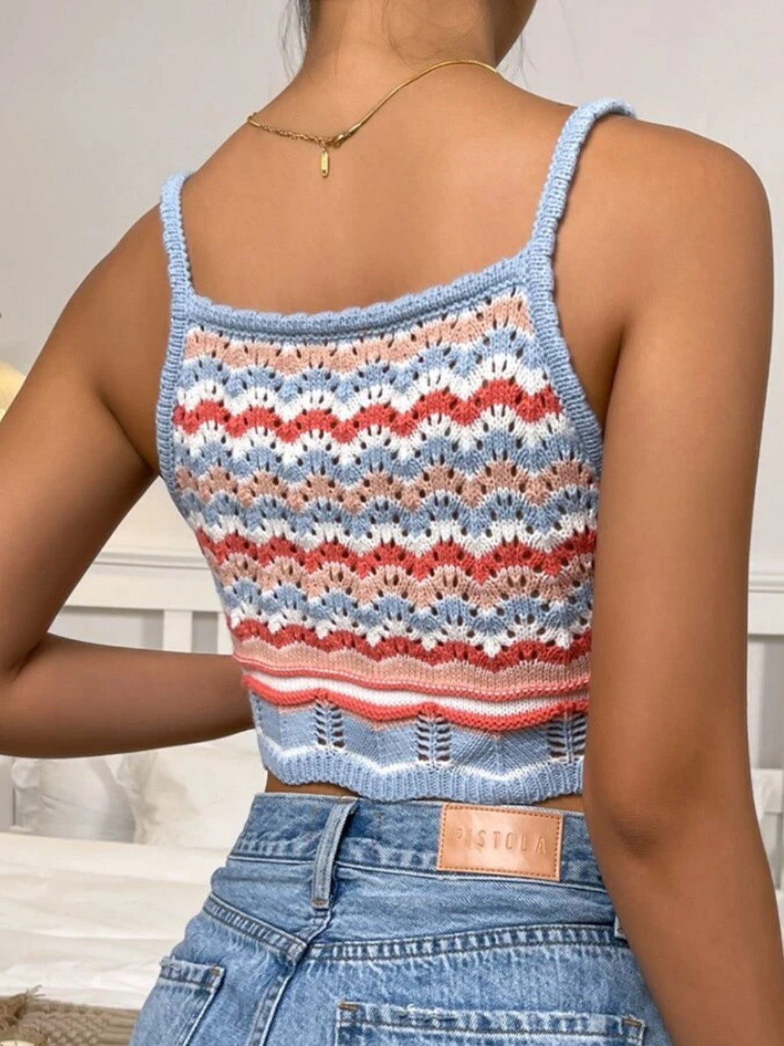 Openwork Striped Scoop Neck Cami-Teresa&#39;s Fashionista LLC