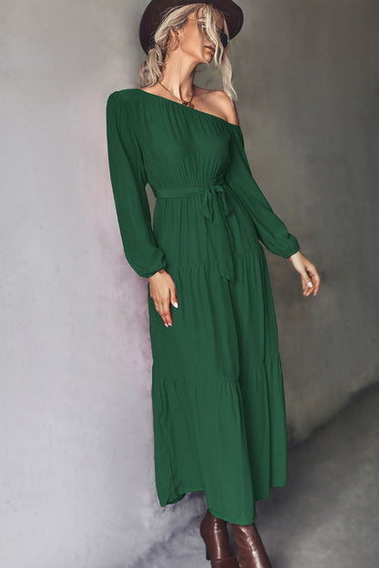 Belted One-Shoulder Tiered Maxi Dress-Teresa&#39;s Fashionista LLC