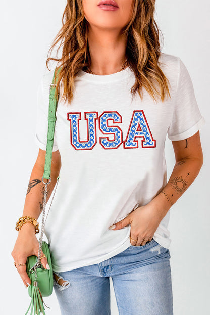 USA Graphic Embroidered Round Neck T-Shirt-Teresa&#39;s Fashionista LLC