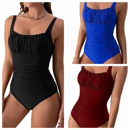 Sexy Square Neck One-piece Bikini Summer New Solid Color Pleated Design Swimsuit Beach Vacation Womens Clothing-Teresa&#39;s Fashionista LLC