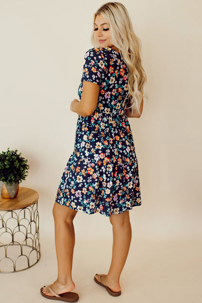 Floral Round Neck Short Sleeve Mini Dress-Teresa&#39;s Fashionista LLC