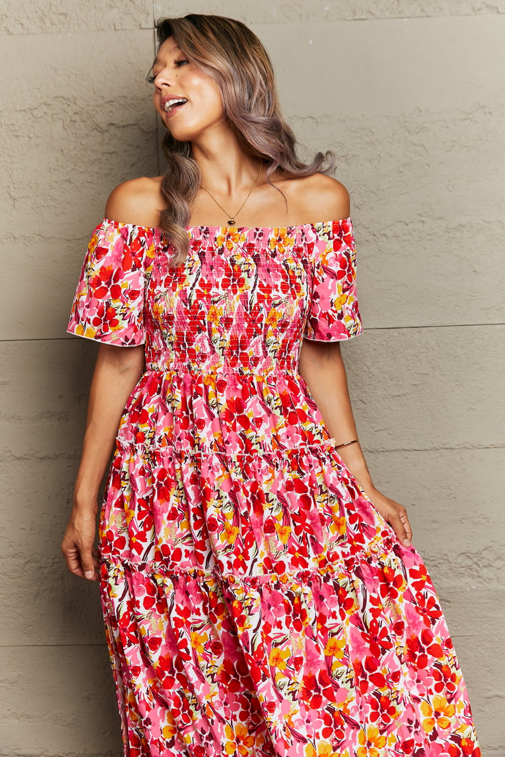 Floral Off-Shoulder Frill Trim Maxi Dress-Teresa&#39;s Fashionista LLC