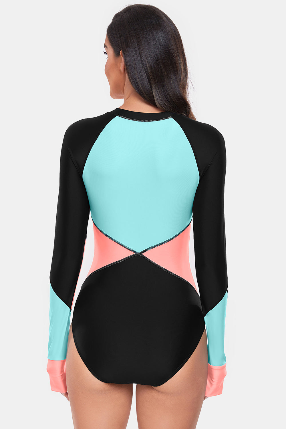 Color Block Half Zip Long Sleeve One-Piece Swimwear-Teresa&#39;s Fashionista LLC