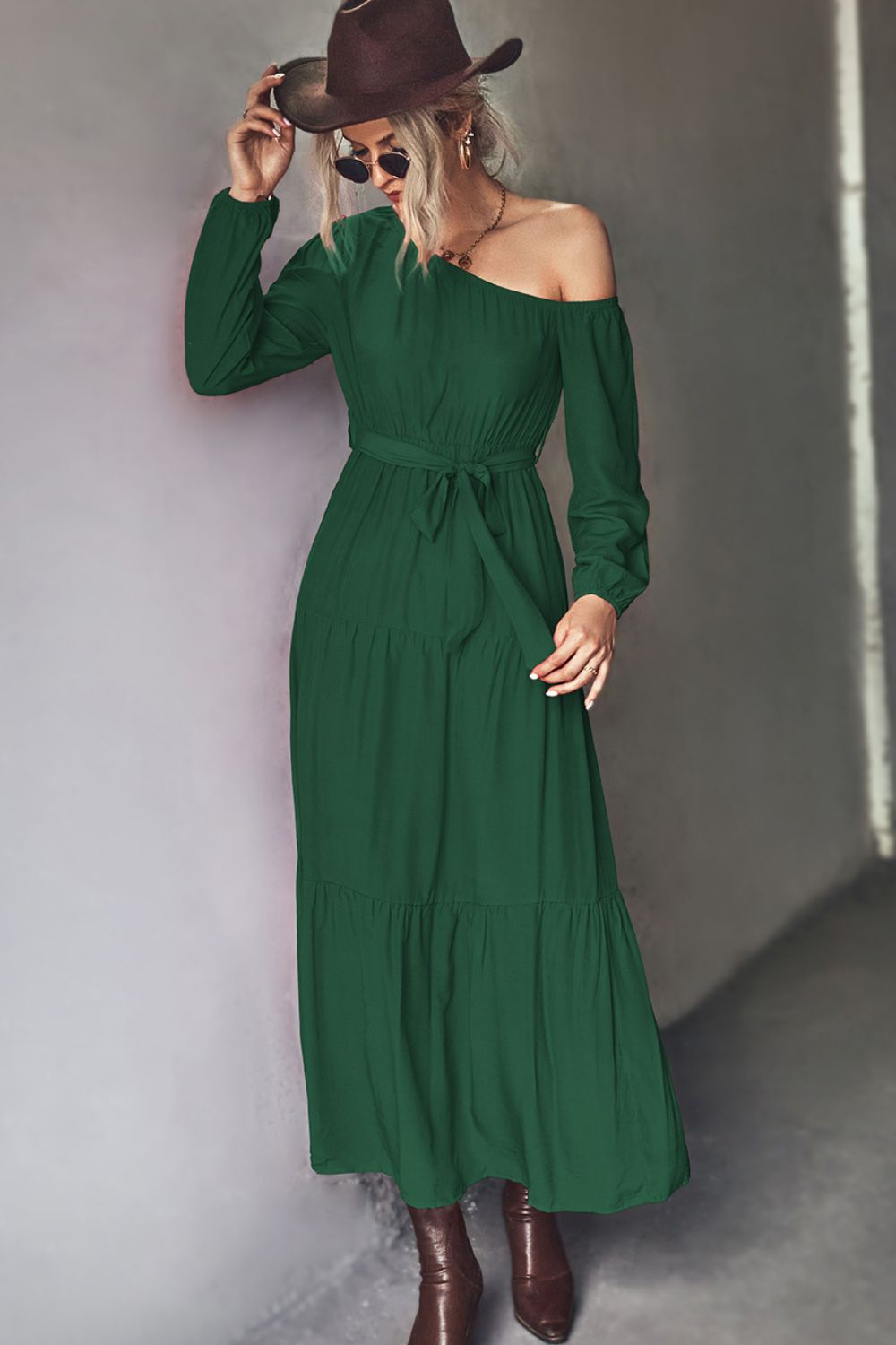 Belted One-Shoulder Tiered Maxi Dress-Teresa&#39;s Fashionista LLC