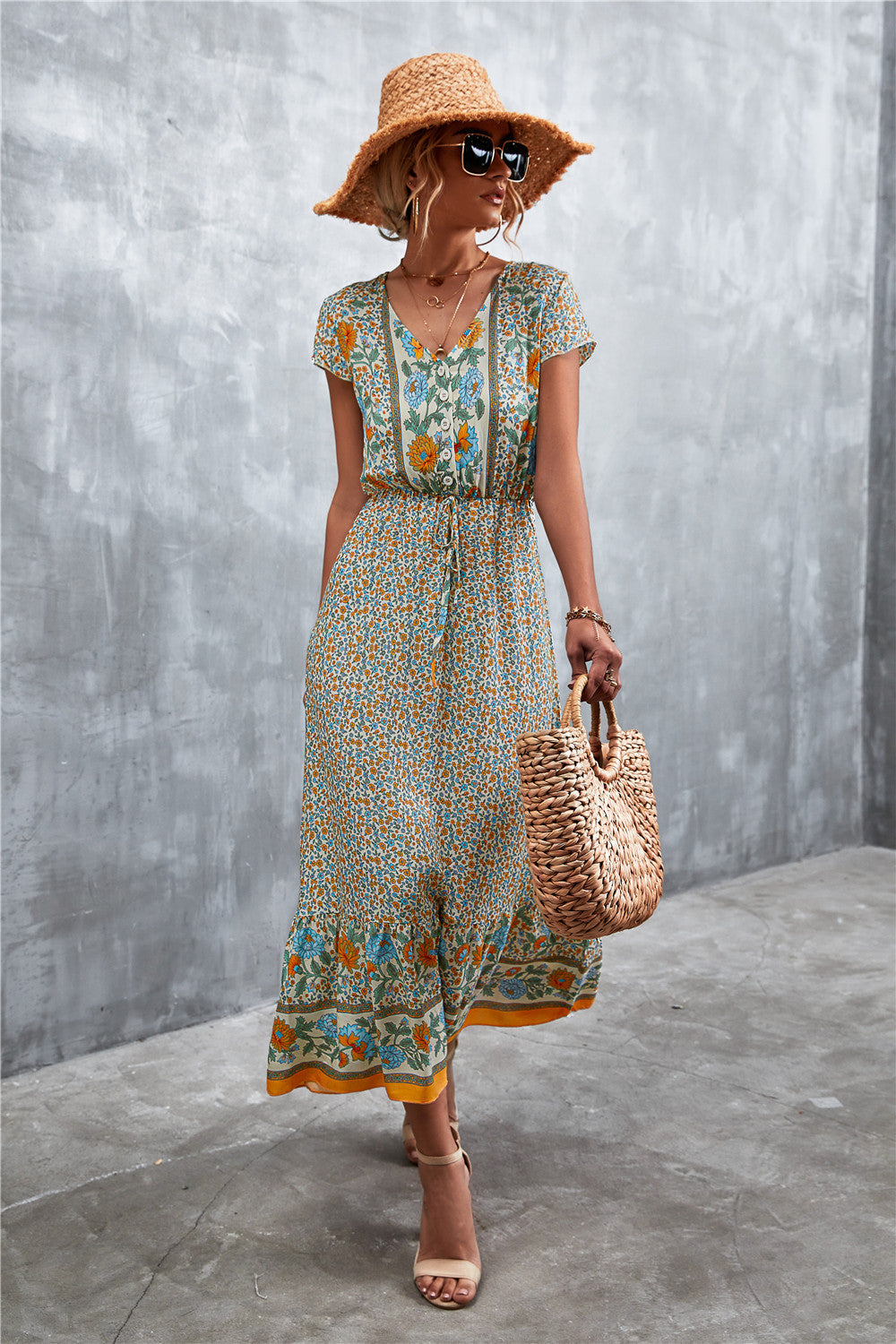 V-Neck Short Sleeve Printed Maxi Dress-Teresa&#39;s Fashionista LLC