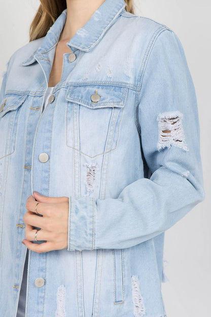 American Bazi Letter Patched Distressed Denim Jacket-Teresa&#39;s Fashionista LLC