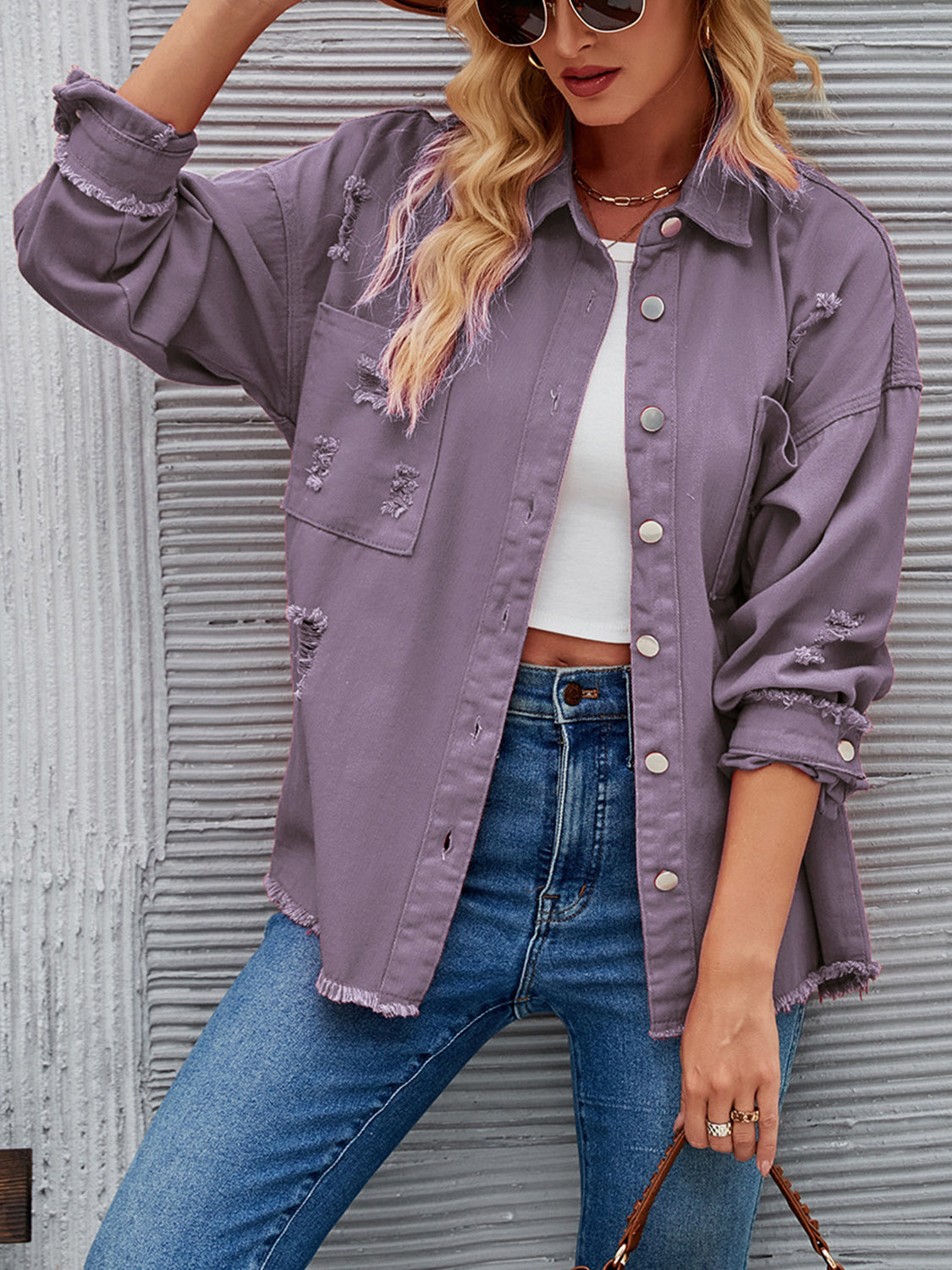 Distressed Raw Hem Button Up Denim Jacket-Teresa&#39;s Fashionista LLC